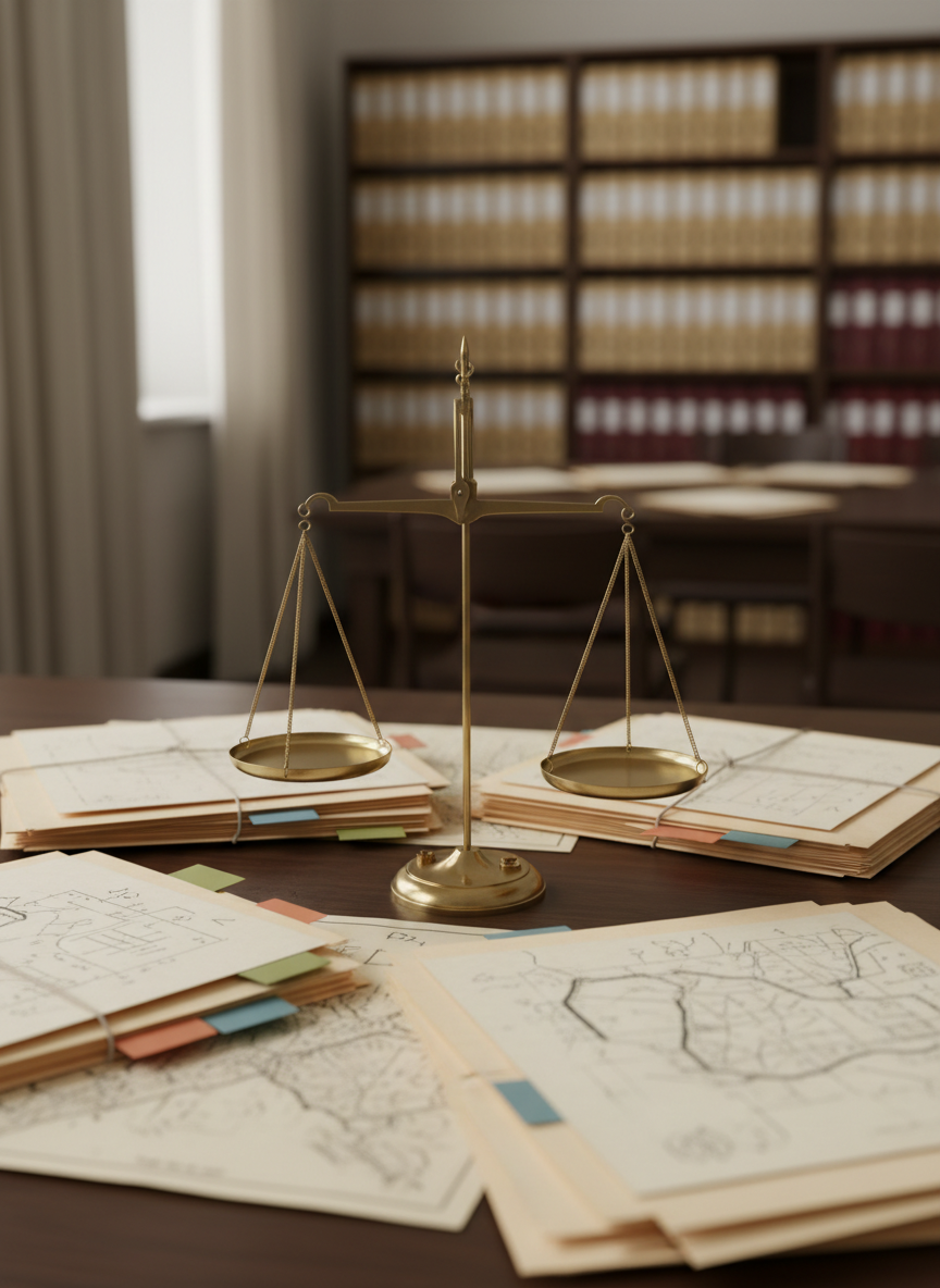 A close-up of an intricately arranged cluster of neutral-toned folders, annotated maps without text, and color-coded bookmarks spread across a dark wooden research table, with a single, elegantly designed brass balance scale at the center. The table sits in a quiet institutional study room, with rows of blurred shelves and archival binders receding into the background. Soft, directional window light from the left creates delicate highlights on the metal scale and subtle shadows across the paper texture, evoking careful analysis and balanced mediation. Photographic realism, shot from a slightly elevated angle with shallow depth of field, keeps the central scale and documents tack-sharp while the background softly fades, reinforcing a professional, scholarly atmosphere around small state mediation research.