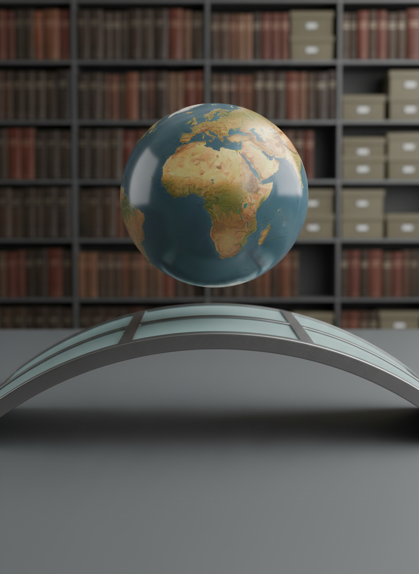 A meticulously detailed globe in muted blues and warm earth tones, suspended above a minimalist bridge-like platform made of brushed steel and frosted glass that gently arcs from one side of the frame to the other. The globe’s coastlines are crisp but unlabeled, symbolizing neutrality. It rests in a modern, scholarly research space with tall shelves of indistinct books and archival boxes in the blurred background. Cool, diffused studio lighting creates balanced highlights and soft shadows, giving the scene a contemplative, academic mood. Photographic realism, composed at eye level with the bridge leading the viewer’s gaze toward the globe, suggesting small states acting as bridges in global mediation and conflict resolution research.