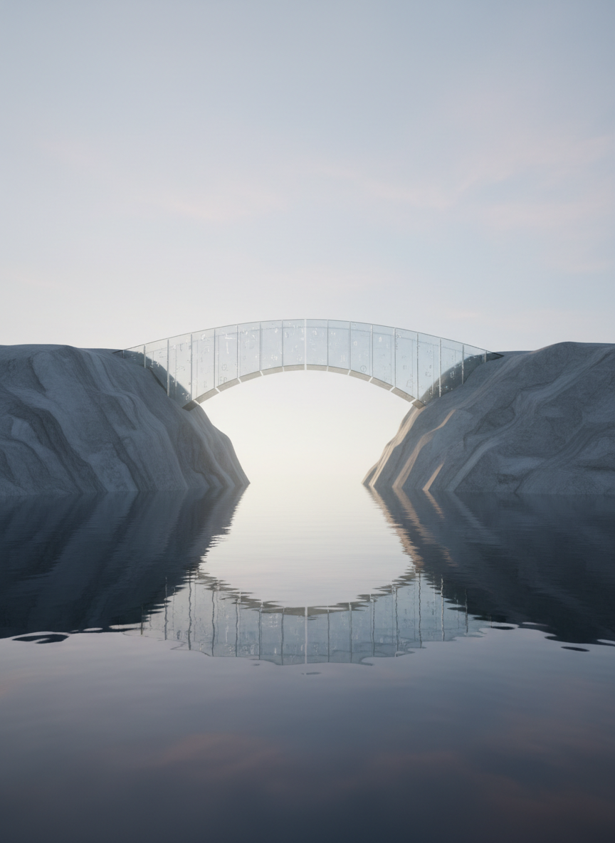Two stylized, matte-finish stone landmasses resembling opposing coastlines extend from the left and right edges of the frame, separated by a deep, reflective body of water. Between them spans a single, graceful bridge constructed from interlocking translucent glass segments, each segment engraved with faint, non-readable symbols. The scene is set under a pale, diffused sky with early-morning light casting soft reflections on the water’s surface. There are no people, only the architectural metaphor of connection. Photographic realism with a slightly low, wide-angle composition emphasizes the span of the bridge and depth of the gulf, conveying the idea of small states quietly bridging divides in complex regional conflicts.