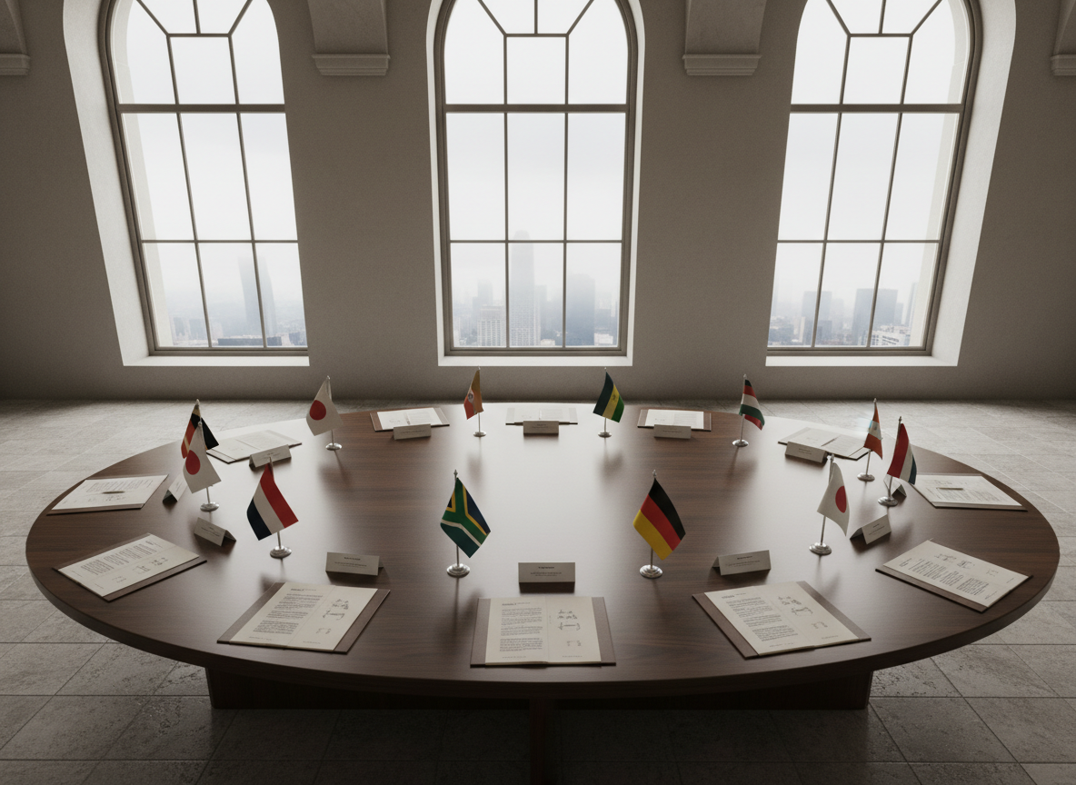 A large, abstract conference table rendered as a smooth, matte dark-wood oval seen from above, surrounded not by chairs but by small, distinct national flags, open legal folders, and neutral nameplates without text. The table sits in a quiet, high-ceilinged diplomatic chamber with tall windows revealing a hazy, indistinct city skyline. Soft overcast daylight washes in, creating gentle reflections on the polished surface and subtle shadows under the objects. The mood is serious yet hopeful, suggesting structured dialogue and mediation. Photographic realism, shot from a high bird’s-eye perspective with sharp focus throughout, emphasizing symmetry, order, and the calm, professional atmosphere of international negotiation and small state diplomacy.